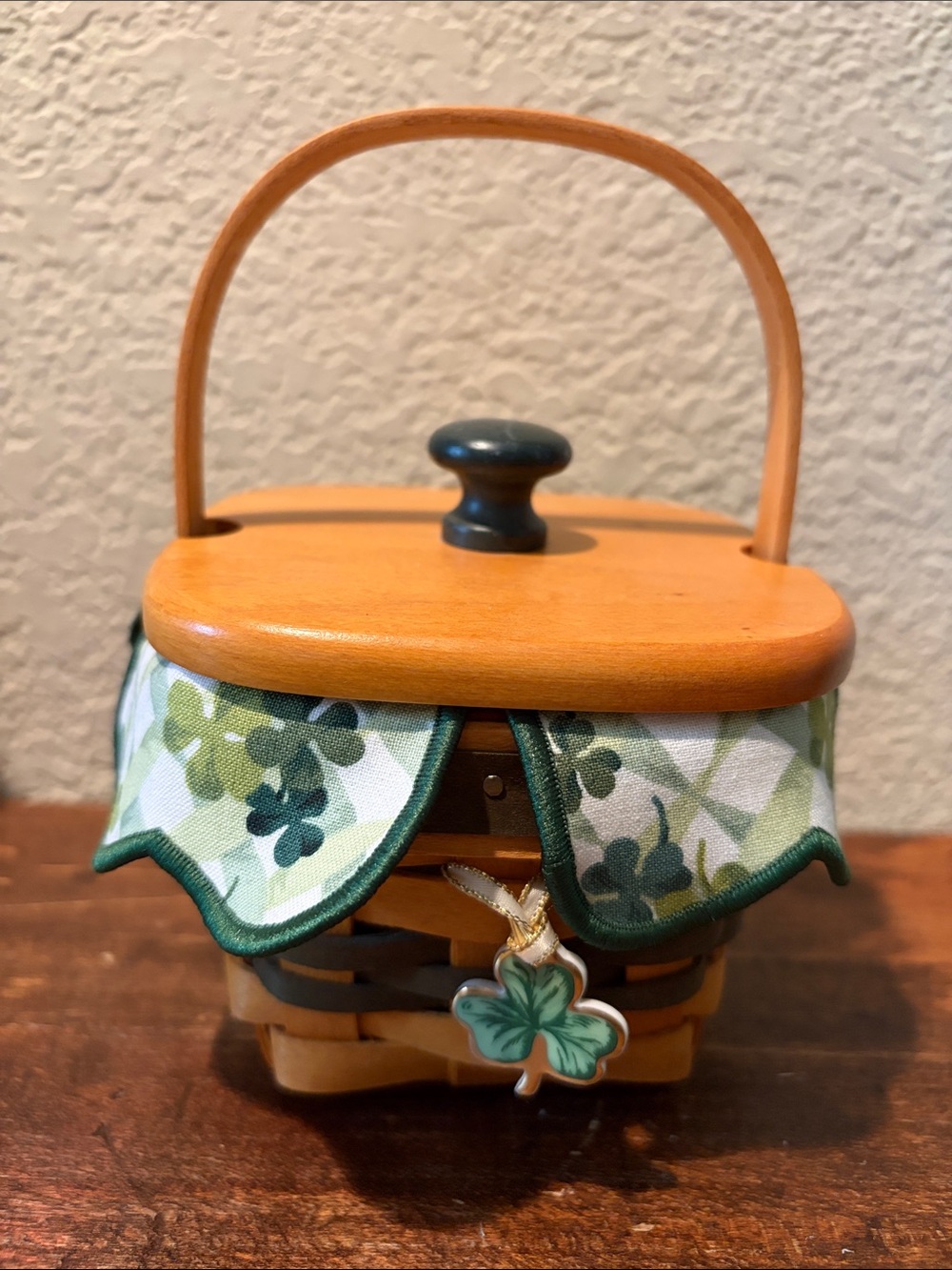 Longaberger Lots Of Luck Basket with Green Clover Fabric and Lid